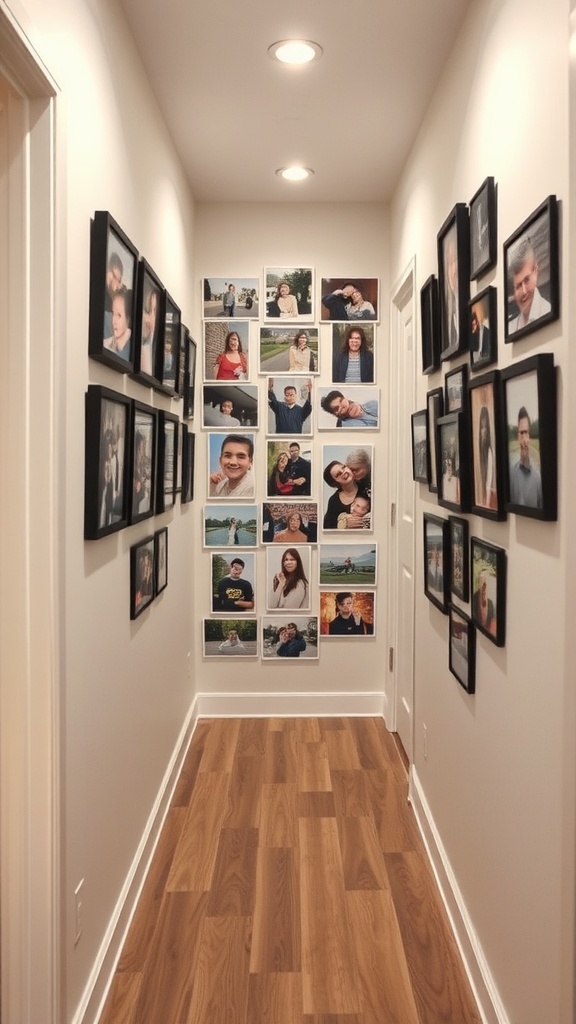 Hallway displaying a collage of family photos in various frames.