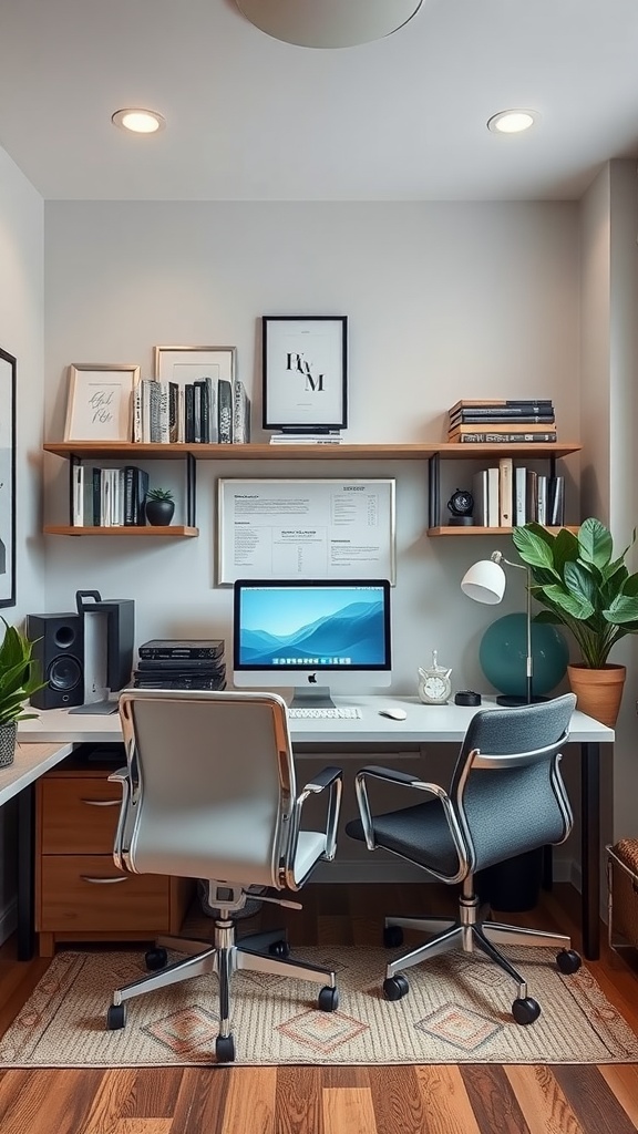 A stylish home office setup with modern furniture, plants, and organized shelves.