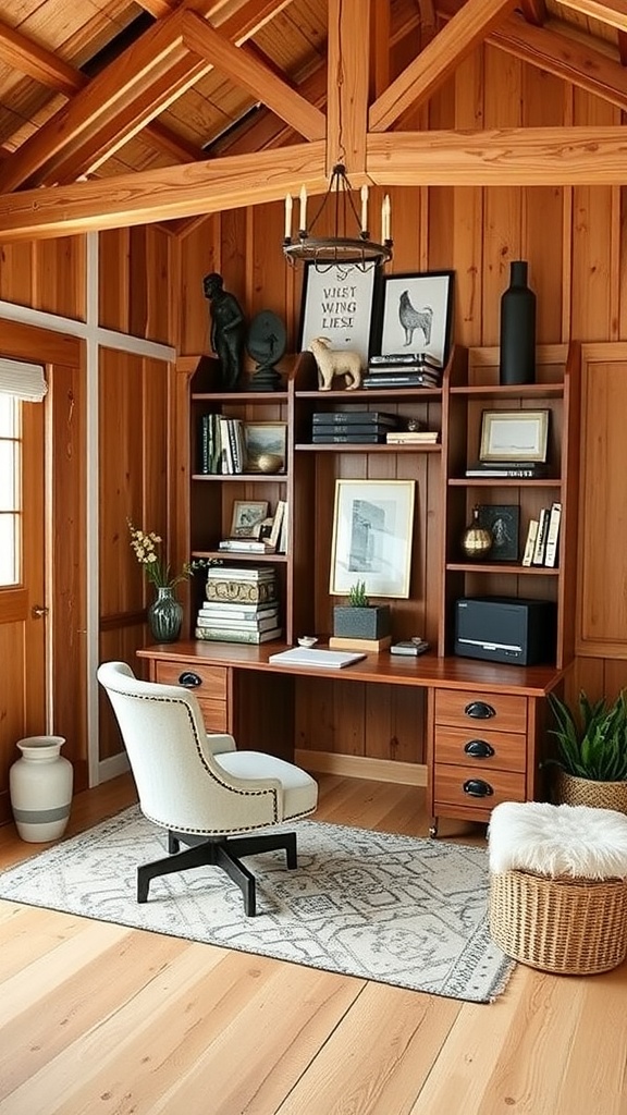 A cozy home office in a barndominium featuring wooden accents, a desk, and decorative items.