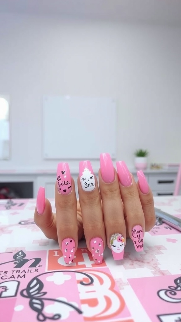 Personalized pink chrome nails with various designs and decorations.