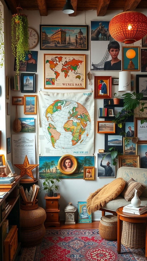A cozy bohemian interior decorated with maps, photos, and souvenirs.