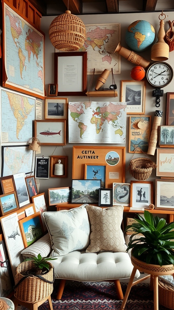 A cozy boho interior with travel-inspired decor, including maps, photos, and plants.