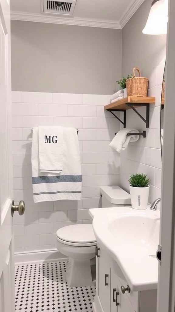 A modern bathroom featuring personalized touches like monogrammed towels and decorative shelves.
