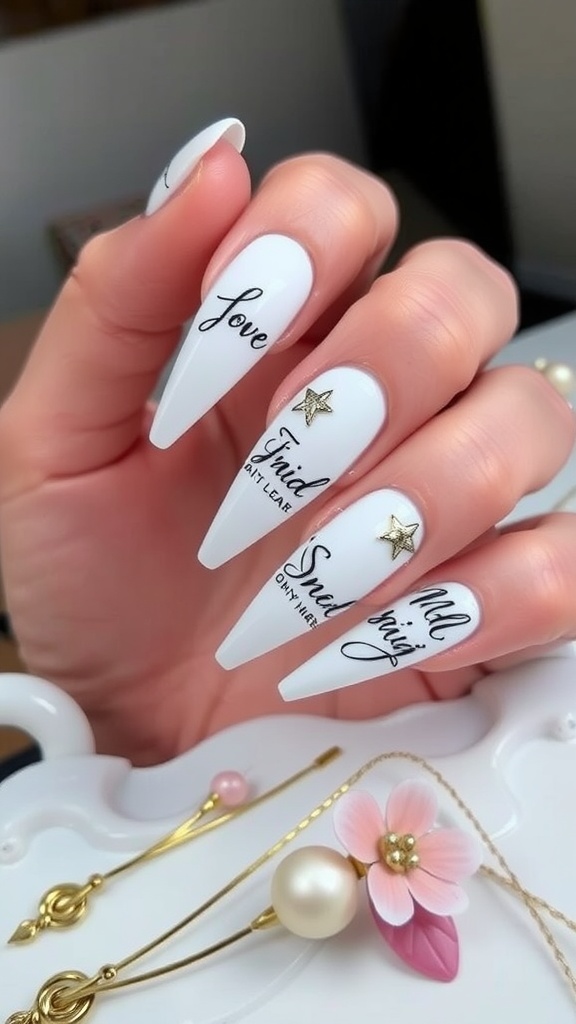 A hand with personalized white chrome nails featuring stylish designs and embellishments.