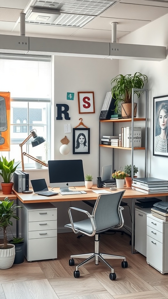 A modern office interior with a desk, computer, plants, and decorative elements.