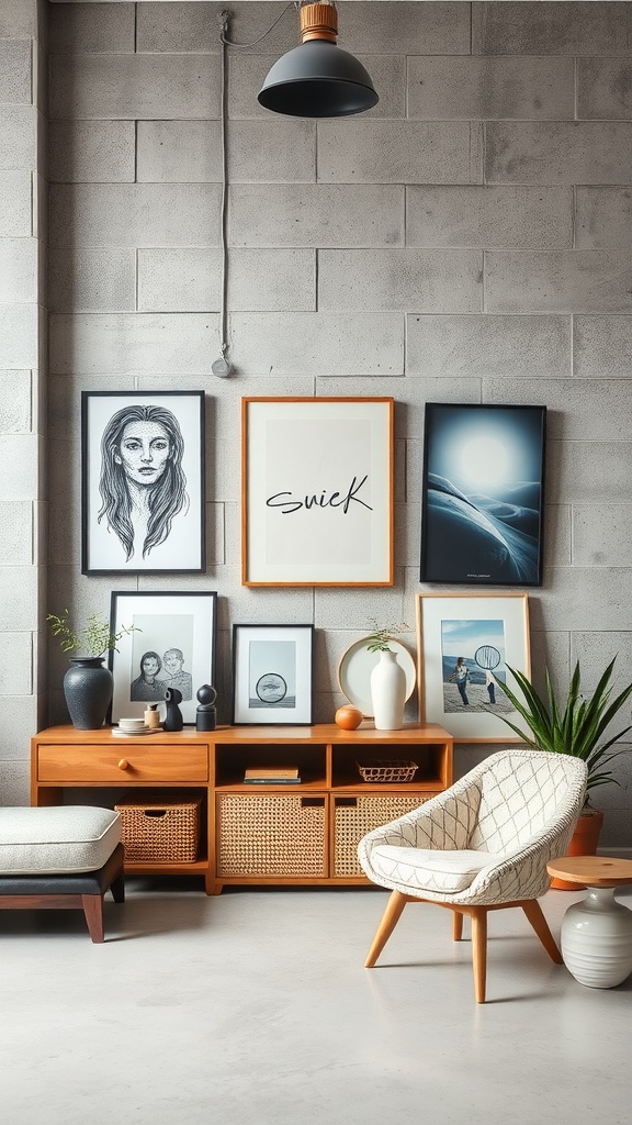Interior with concrete walls, featuring artwork and cozy furniture