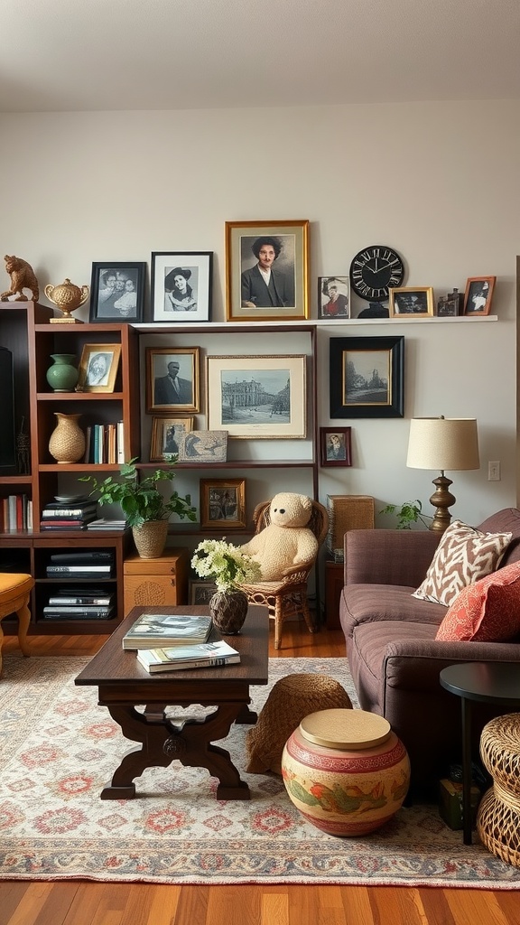 A cozy living room with personal decor, including family photos, plants, and a mix of furniture styles.