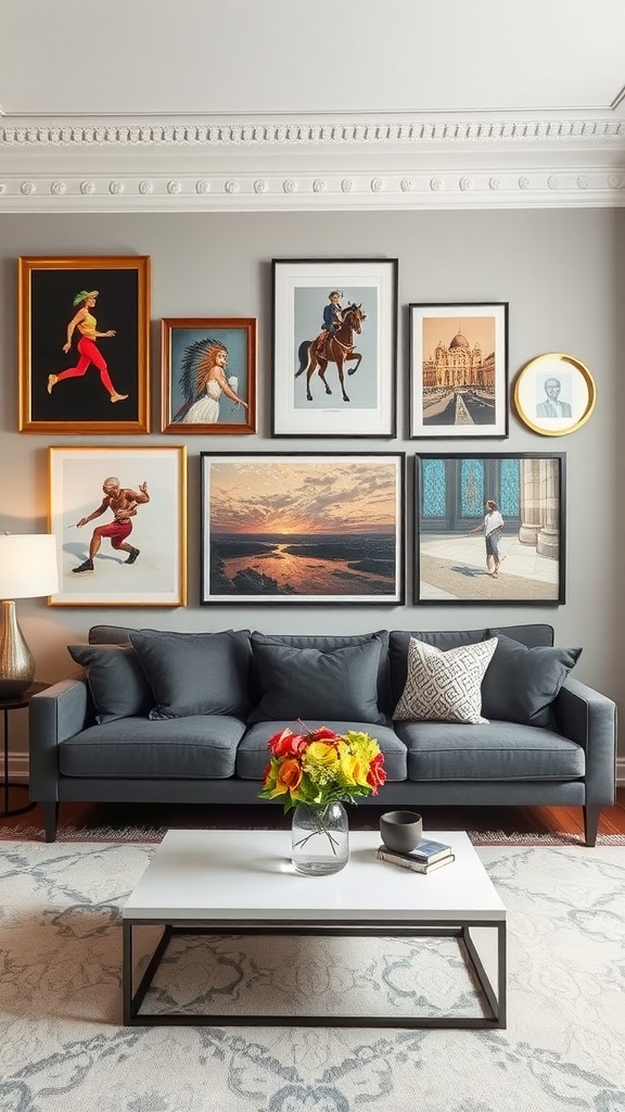 A stylish living room featuring a variety of framed artworks on the wall, a gray couch, and a coffee table with flowers.