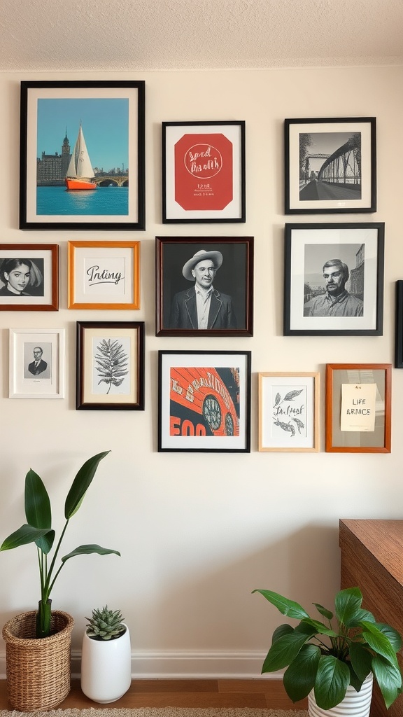 A gallery wall with diverse framed artworks in a condo interior.