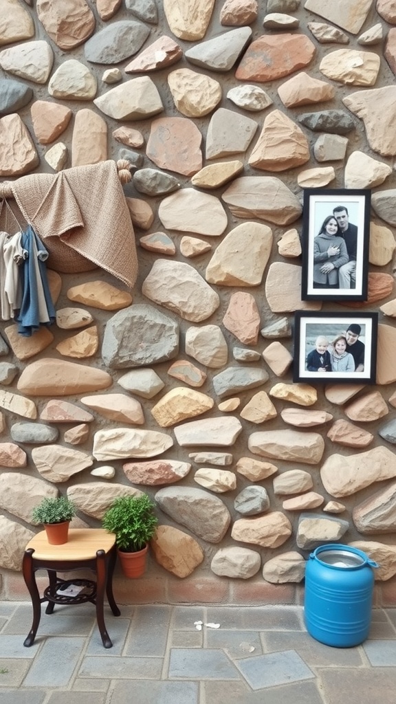 Close-up of a stone wall featuring family photos and decorative items.