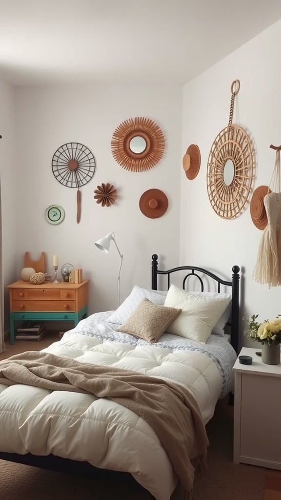 A cozy small bedroom with a bed, DIY wall decor, and a colorful nightstand.