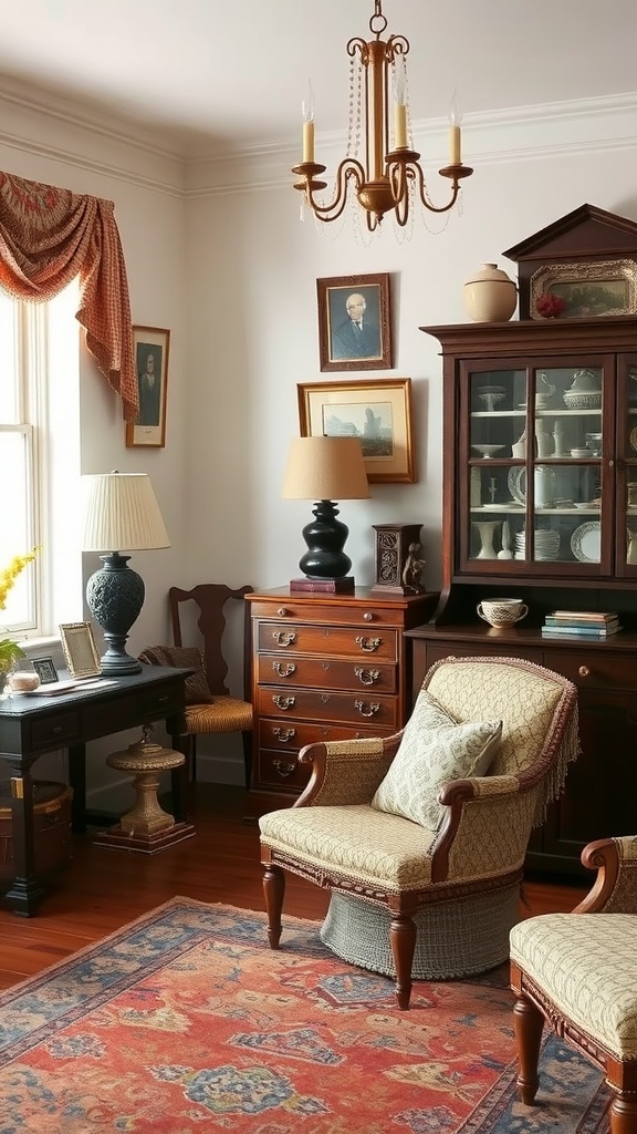 A cozy colonial chic interior featuring family heirlooms and vintage decor.