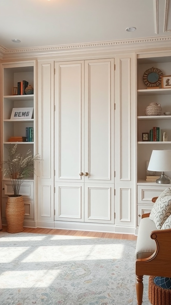 A modern classic interior featuring built-in storage, decorative shelves, and a cozy chair.