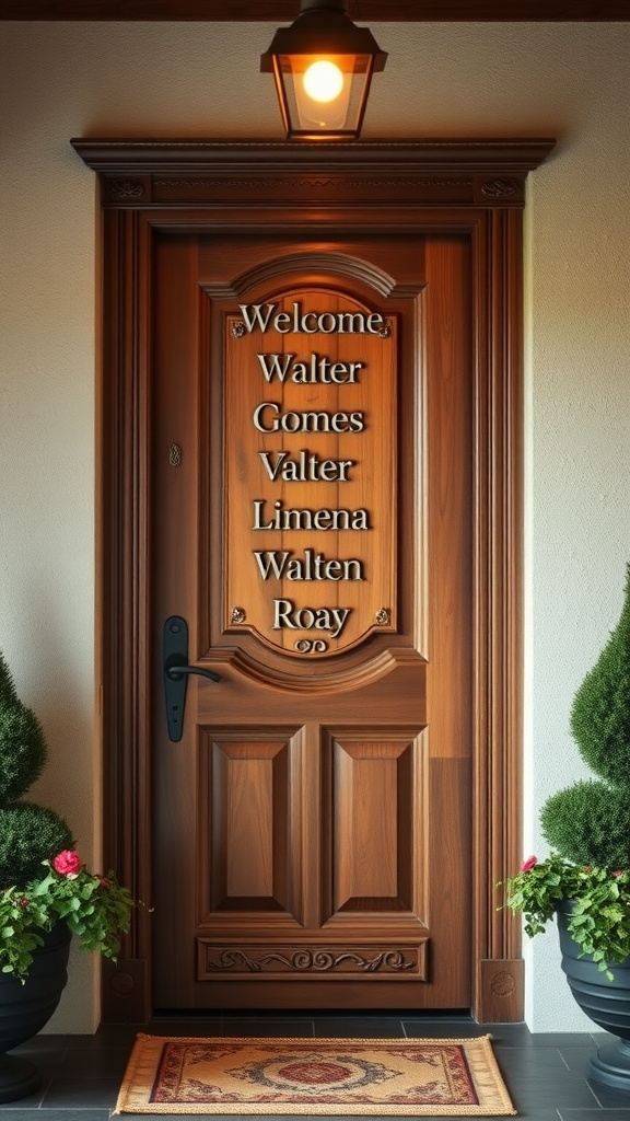 Personalized wood door with names engraved on it