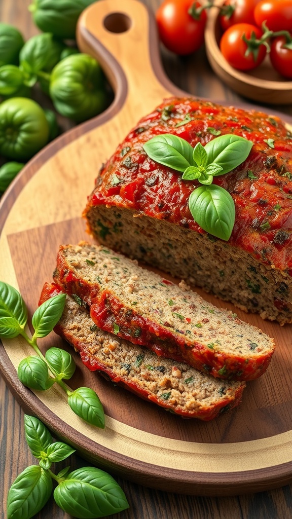 A deliciously prepared pesto and sun-dried tomato meatloaf with slices cut out, garnished with basil.
