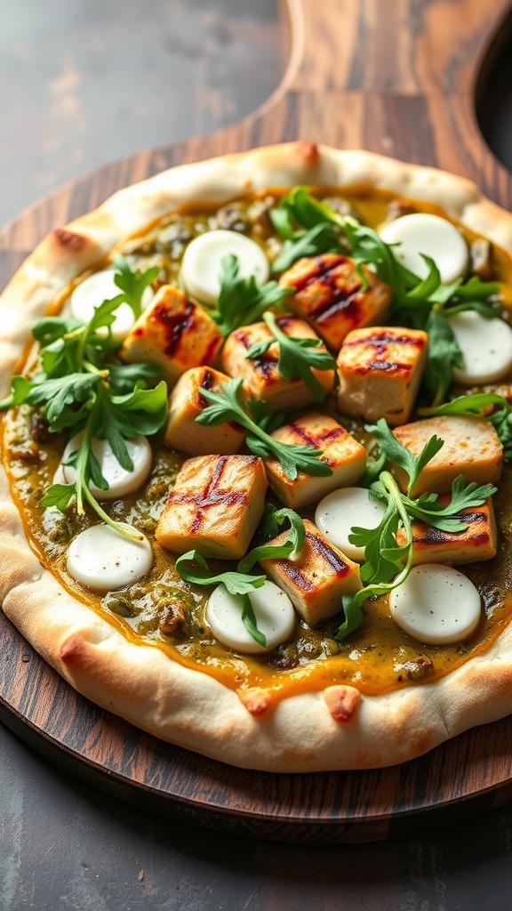 Delicious keto pizza topped with pesto, chicken, and fresh greens