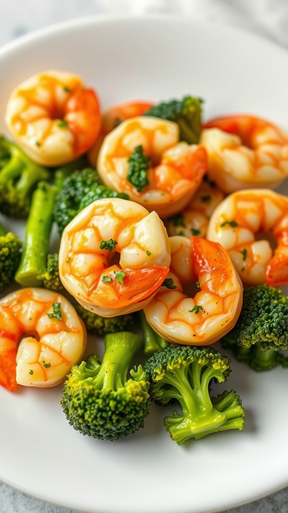 Pesto shrimp served with broccoli in a white bowl.