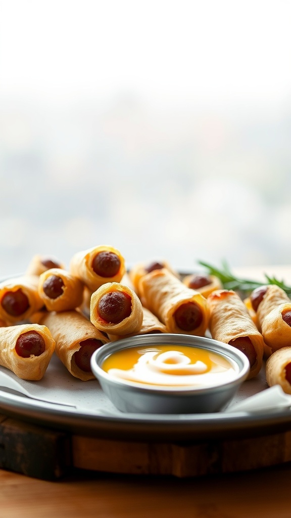 A plate of pigs in a blanket served with a dipping sauce.