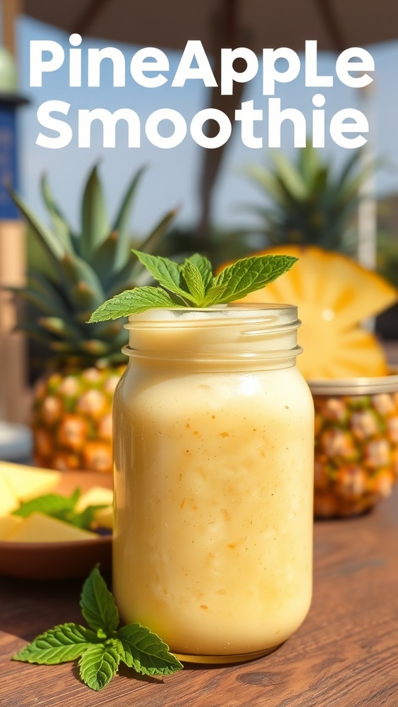 Pineapple and mint smoothie in a jar with fresh mint leaves and pineapple slices