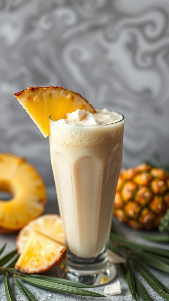 A refreshing pineapple coconut smoothie garnished with a slice of pineapple.