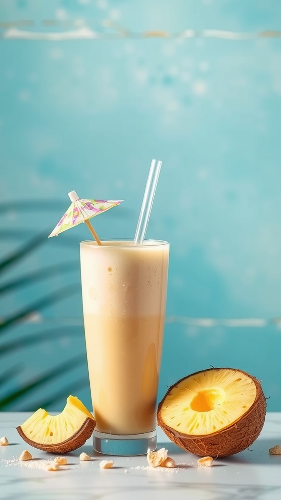 A refreshing Pineapple Coconut Harmony Smoothie served in a tall glass with a small umbrella.