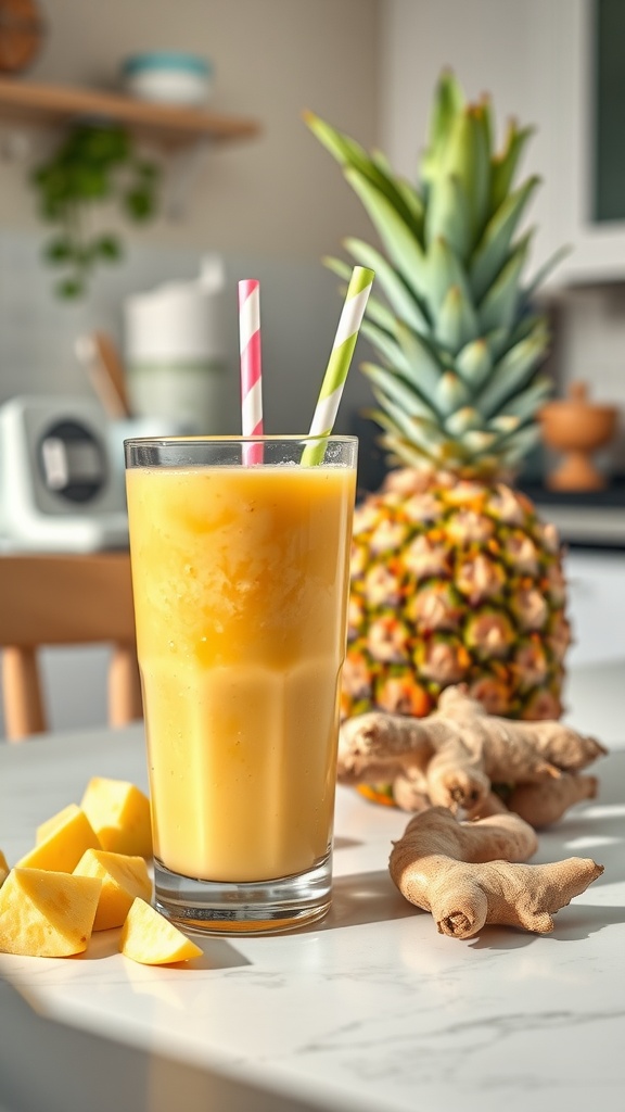 Pineapple Ginger Smoothie served in a glass with a pineapple and ginger root in the background.