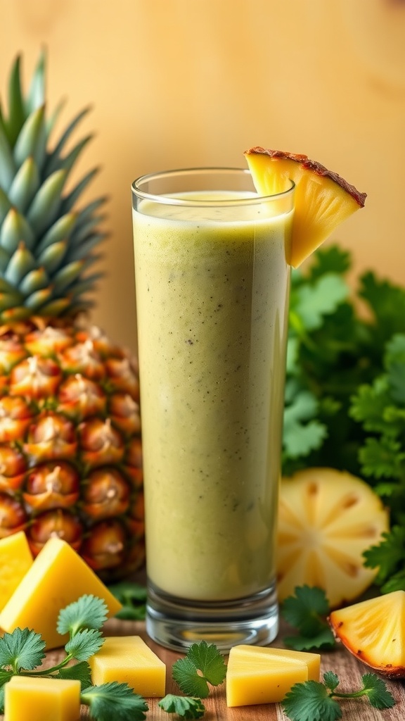 A glass of Pineapple Green Dream smoothie surrounded by fresh pineapple, cilantro, and mango chunks.
