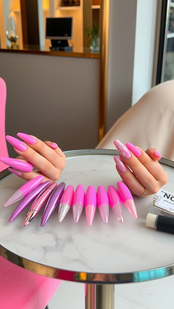 Variety of pink chrome nail designs displayed on a table.