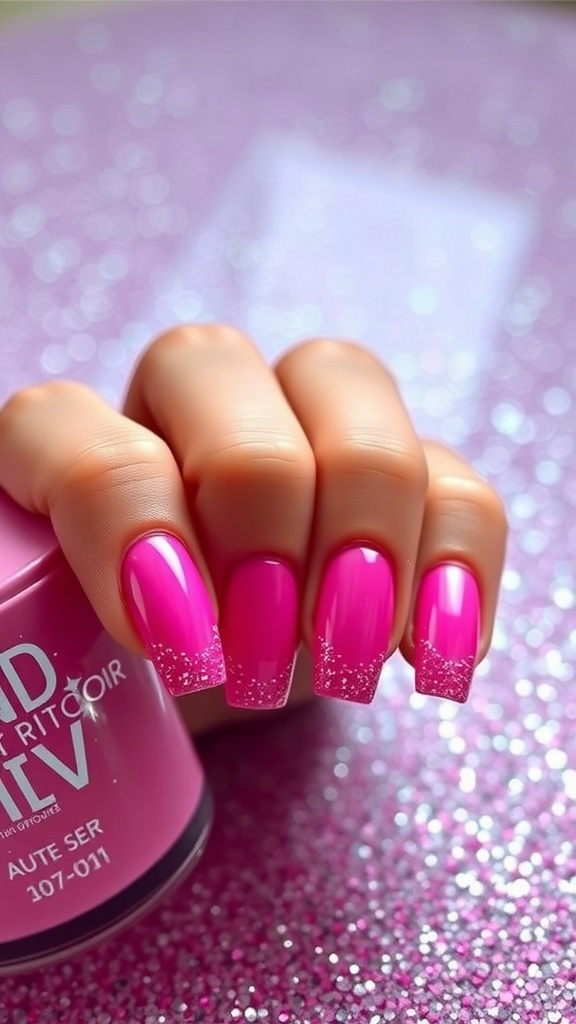 Close-up of pink chrome nails with glitter tips and a pink nail polish bottle.