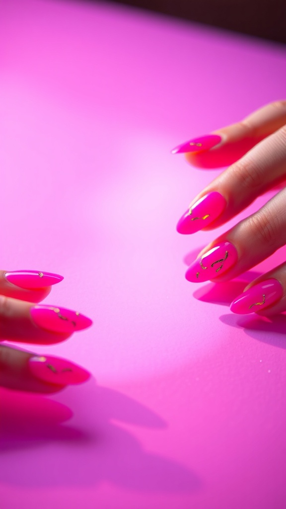 Close-up of hands with pink chrome nails and neon accents.