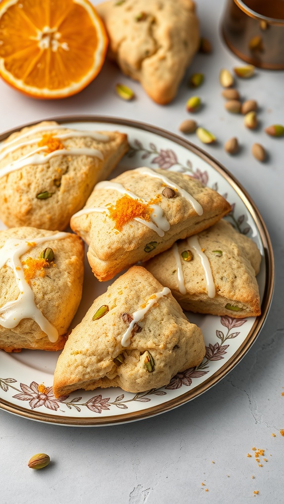 Pistachio cardamom scones with orange zest on a decorative plate