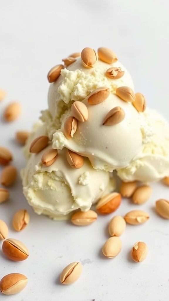 A creamy scoop of pistachio nut keto ice cream topped with chopped pistachios.