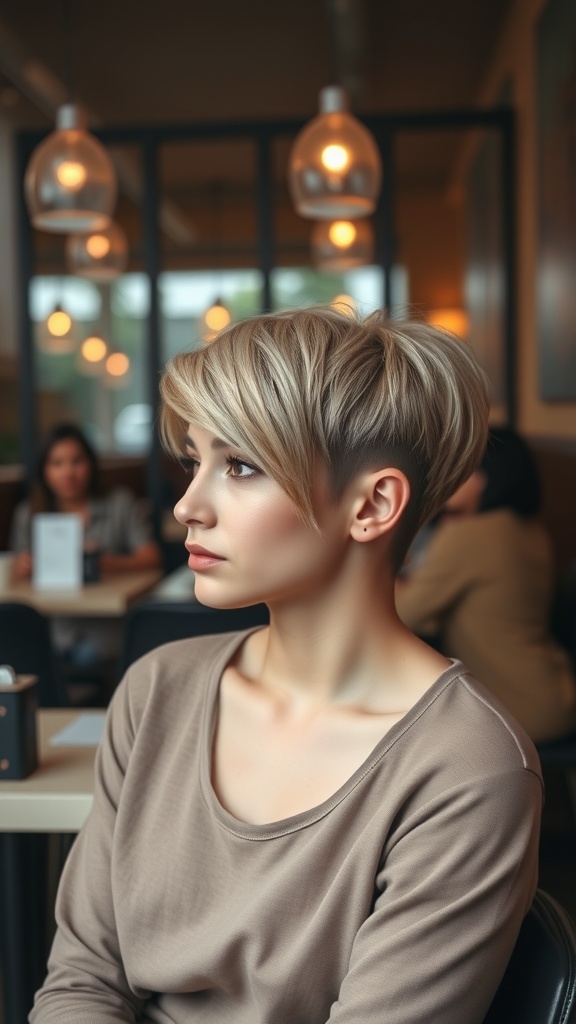 A person with a pixie cut and bold side bangs sitting in a cafe.