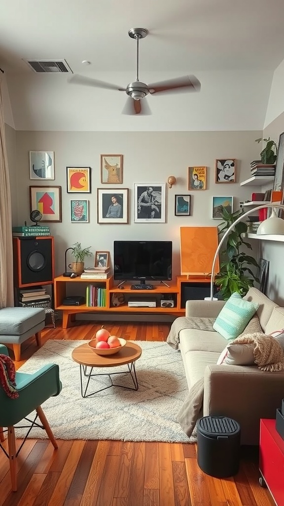 A cozy living room featuring retro futurism style with colorful accessories and artwork.