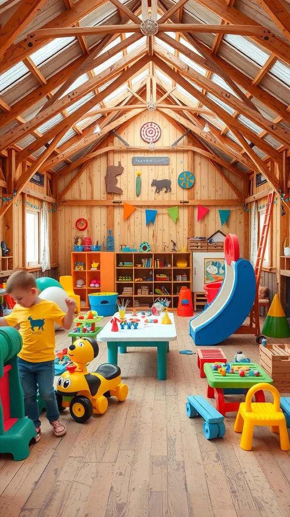 Colorful children's playroom with toys and furniture in a barndominium setting.