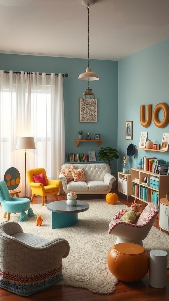 A cozy living room featuring playful, colorful furniture that reflects post-modern design.