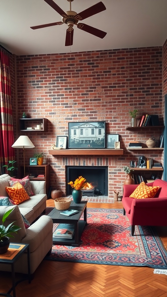 A cozy living room with a brick wall, featuring colorful accents like pillows and a rug.