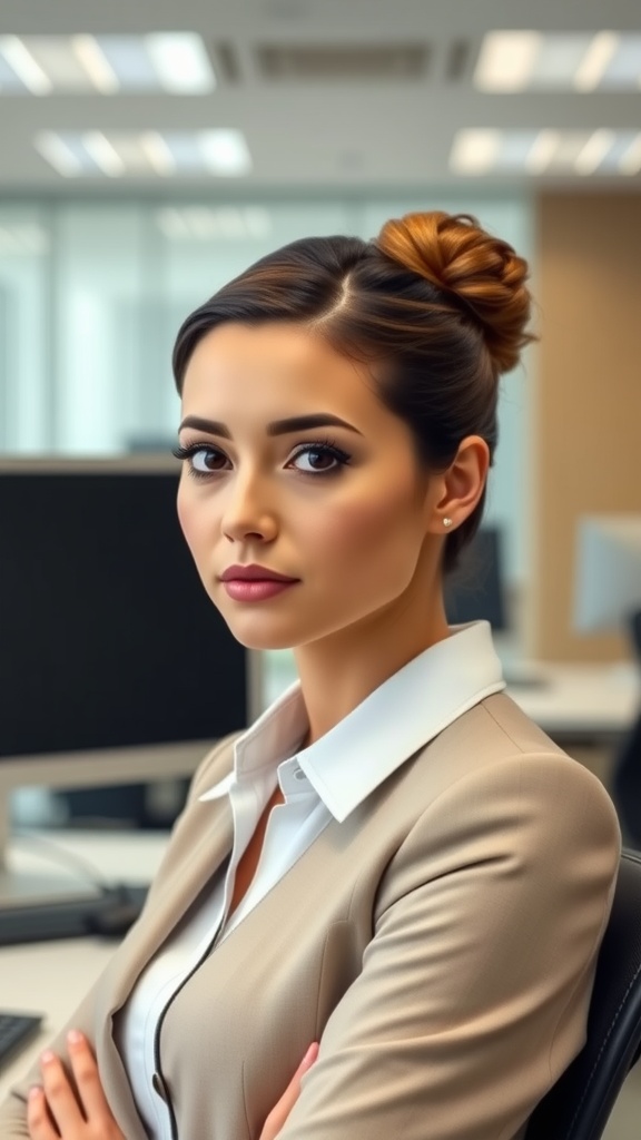 A woman with medium length hair styled in a polished center part, wearing a beige blazer in an office setting.