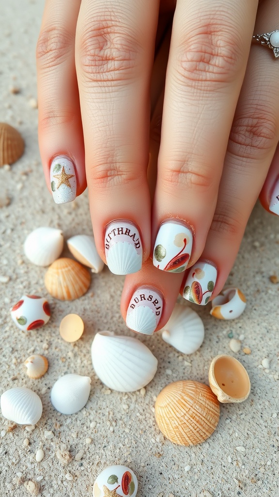 Close-up of hands with seashell-themed nail art surrounded by real seashells.