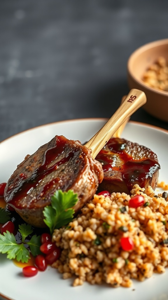 Pomegranate molasses lamb chops served with couscous and garnished with pomegranate seeds and parsley.