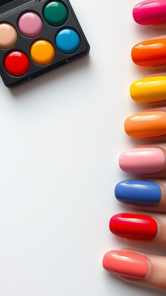 A display of colorful oval nails next to a palette of nail colors.