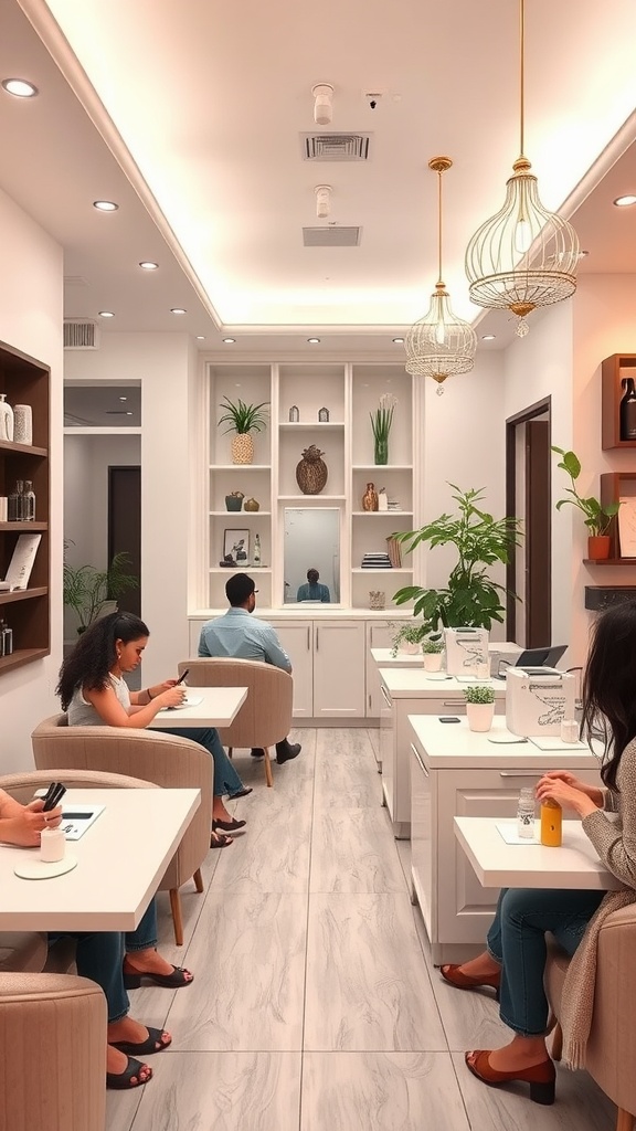 A modern nail salon with clients getting manicures and a bright, inviting interior.