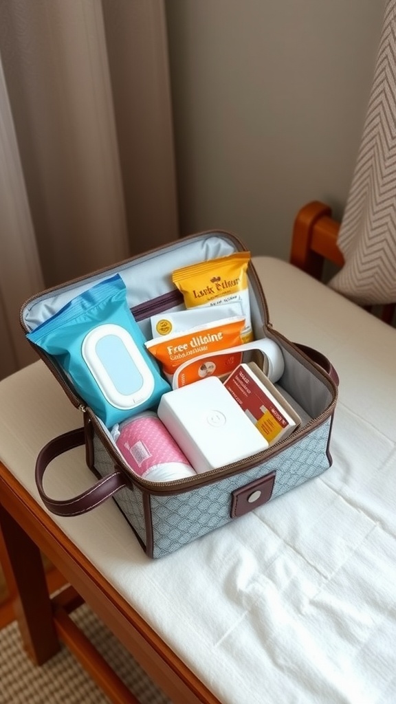 Portable baby care kit with wipes, creams, and other essentials on a table.