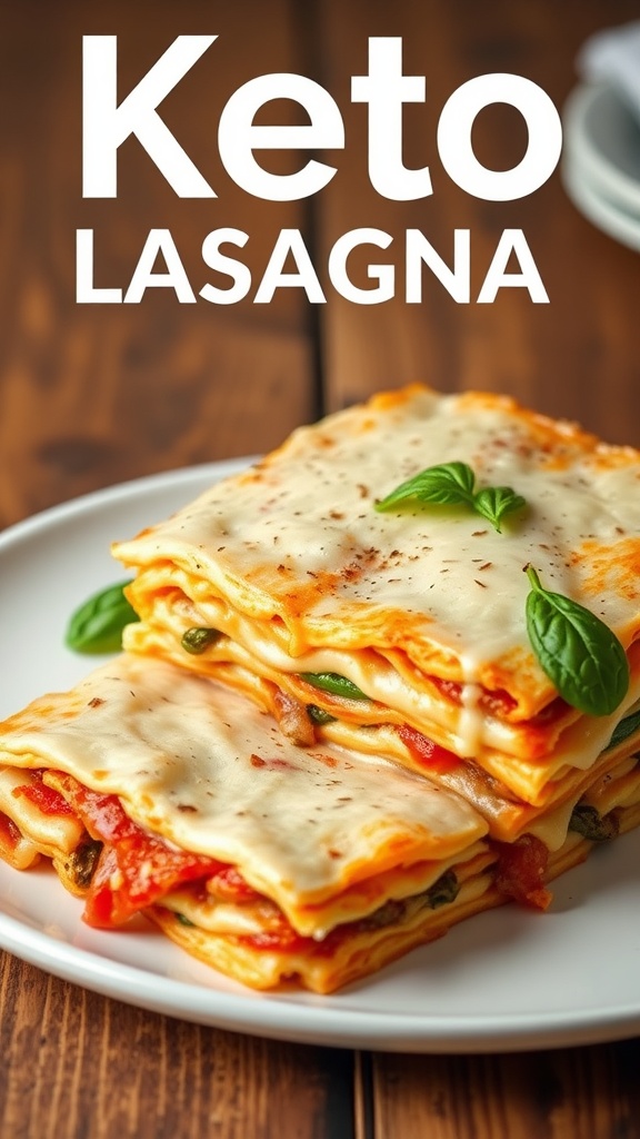 Keto lasagna on a plate, featuring layers of zucchini, meat, and cheese