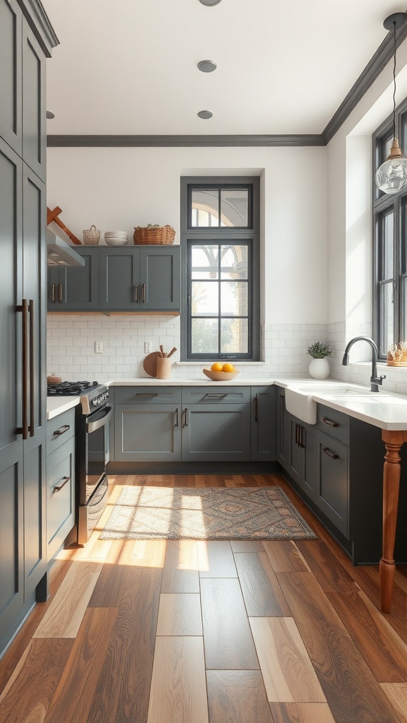 A cozy kitchen with stylish wooden flooring and a warm rug