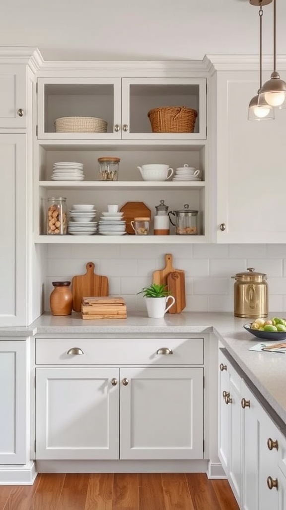 A well-organized kitchen with open shelves displaying dishware and woven baskets.