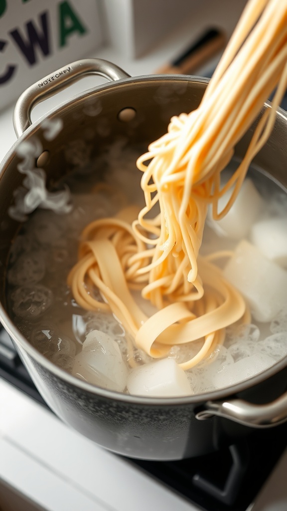 A pot of boiling noodles being lifted with tongs.