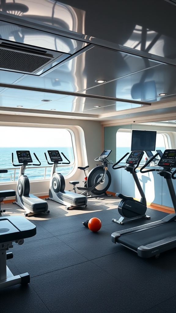 Interior view of a private gym on a luxury yacht featuring workout equipment and large windows overlooking the ocean.