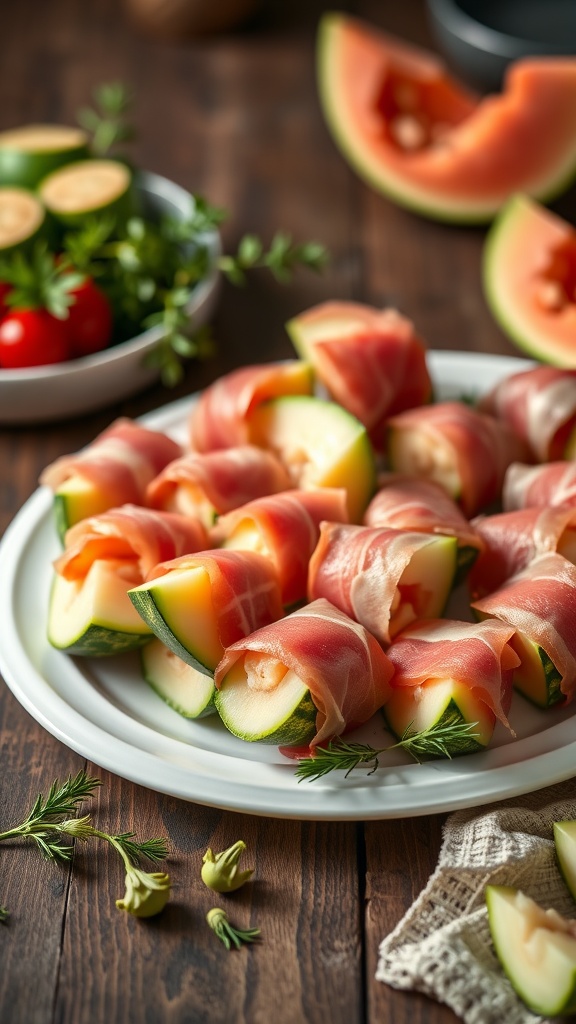 Prosciutto-wrapped melon bites on a platter with fresh herbs and garnishes.