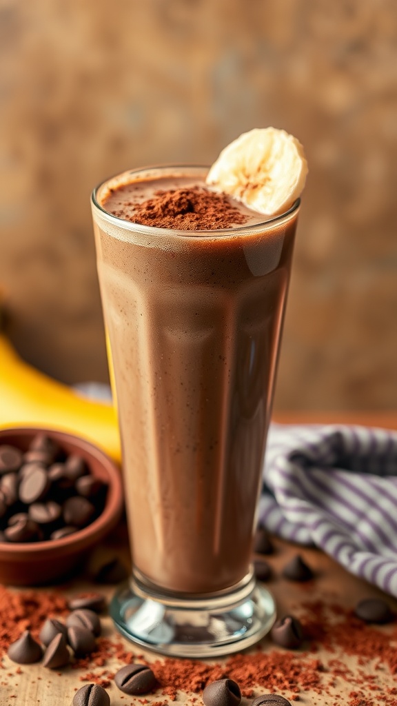 A delicious chocolate banana smoothie topped with a banana slice and cocoa powder.